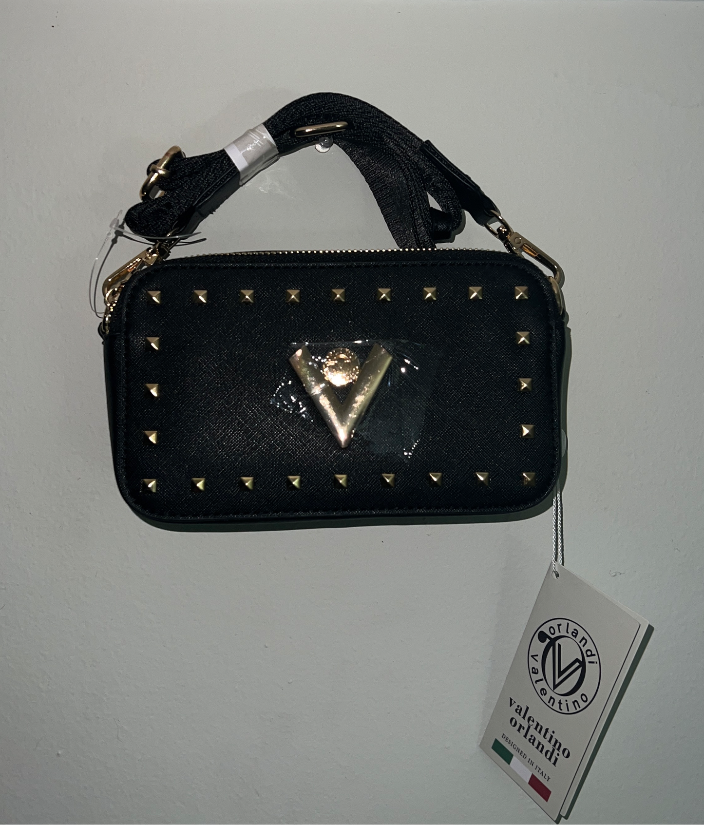Valentino Orlandi Black Studded Crossbody Bag – 100% Italian Leather