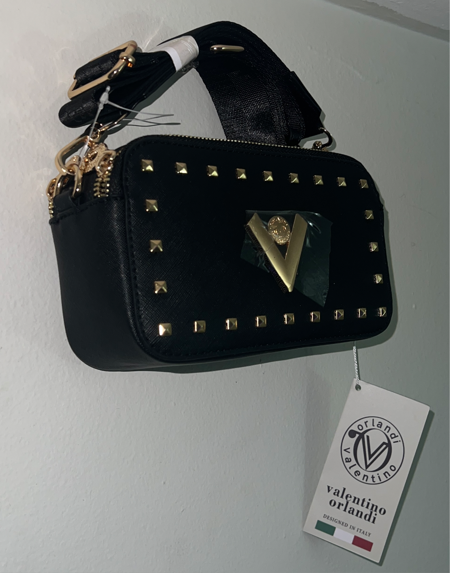Valentino Orlandi Black Studded Crossbody Bag – 100% Italian Leather